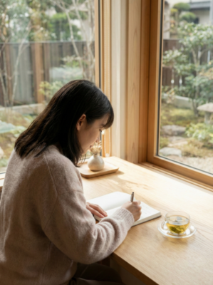 Client completing intake forms and reflecting in a notebook before their first coaching appointment.